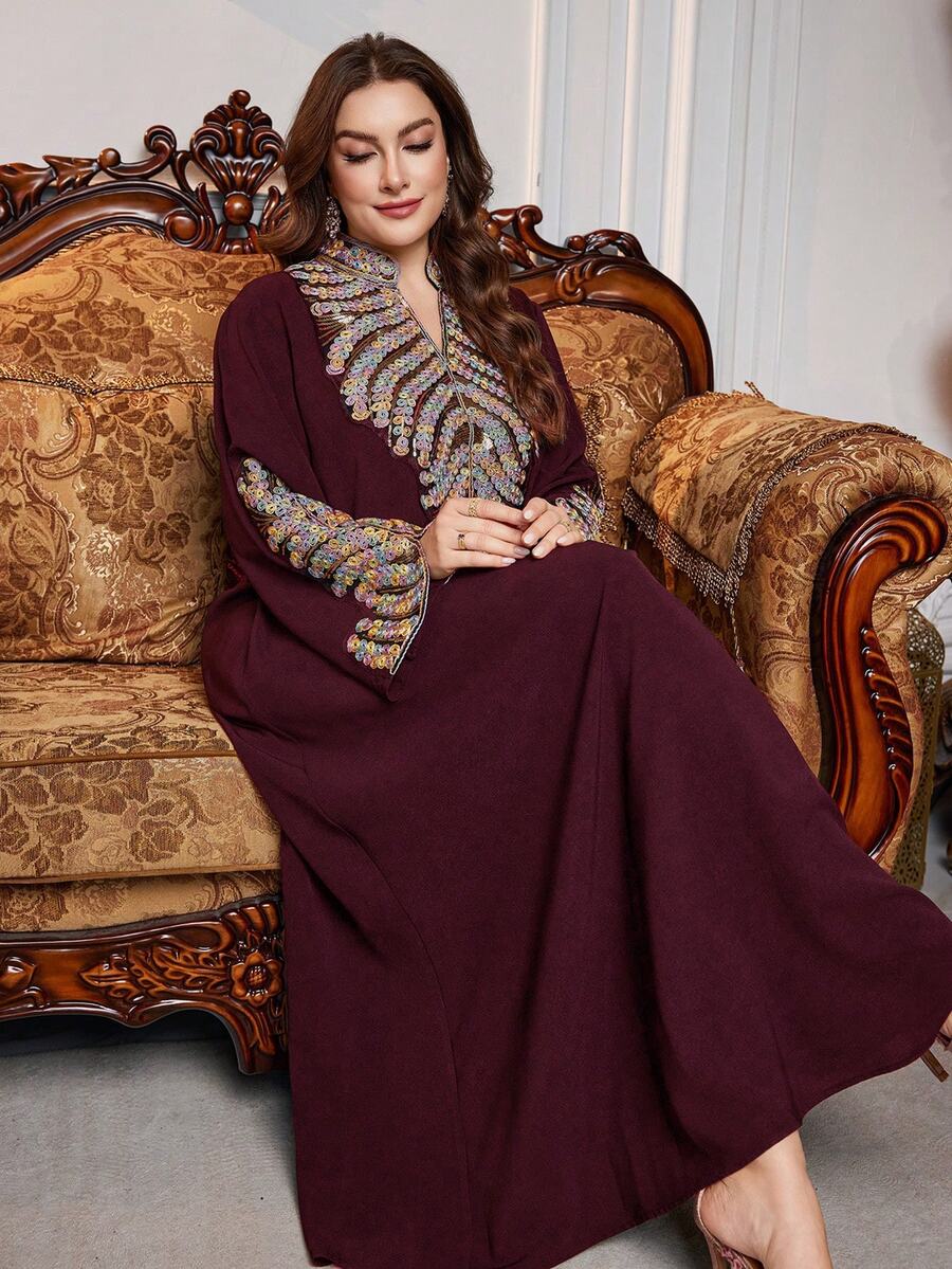Al Najma Plus Size Women's Elegant Turkish Style Dress With Colorful Embroidery - Red - View 1