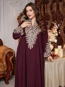 Al Najma Plus Size Women's Elegant Turkish Style Dress With Colorful Embroidery - Red - View 6