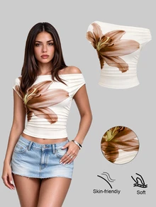 Sweetra Blusa casual de mujer con hombros asimétricos y estampado - Marrón - Ver 7