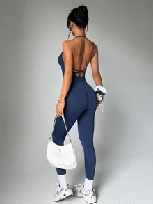 Dewbera Dewbera Women's Seamless Yoga Sports Halter Backless Jumpsuit - Navy Blue - View 5