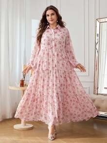 Al Najma Casual Chiffon Floral Print Long Sleeve Tiered Loose Regular Fit Spring Summer Plus Size Women's Arabic Dress - Pink - View 1