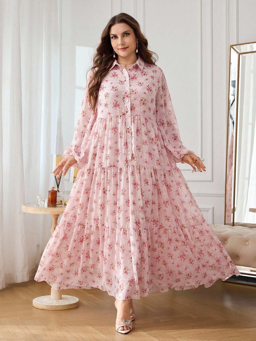 Al Najma Casual Chiffon Floral Print Long Sleeve Tiered Loose Regular Fit Spring Summer Plus Size Women's Arabic Dress - Pink - View 1
