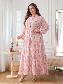 Al Najma Casual Chiffon Floral Print Long Sleeve Tiered Loose Regular Fit Spring Summer Plus Size Women's Arabic Dress - Pink - View 5