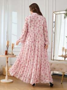 Al Najma Casual Chiffon Floral Print Long Sleeve Tiered Loose Regular Fit Spring Summer Plus Size Women's Arabic Dress - Pink - View 2