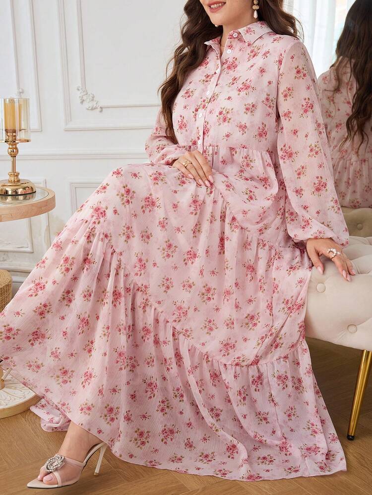 Al Najma Casual Chiffon Floral Print Long Sleeve Tiered Loose Regular Fit Spring Summer Plus Size Women's Arabic Dress - Pink - View 8