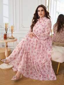 Al Najma Casual Chiffon Floral Print Long Sleeve Tiered Loose Regular Fit Spring Summer Plus Size Women's Arabic Dress - Pink - View 7