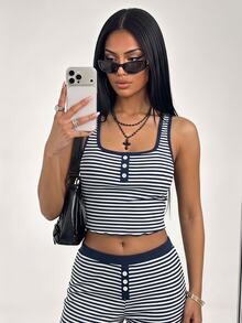SHEIN ICON 女士休闲条纹露脐背心和裤子两件套，夏季 - 藏蓝色 - 查看 4