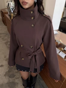Aloruh 卡其色收腰短款女款風衣，適合秋冬穿搭 - 咖啡棕 - 查看 8