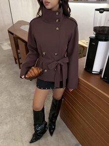 Aloruh 卡其色收腰短款女款風衣，適合秋冬穿搭 - 咖啡棕 - 查看 10