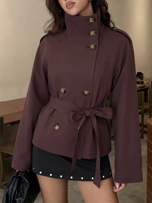 Aloruh 卡其色收腰短款女款風衣，適合秋冬穿搭 - 咖啡棕 - 查看 7