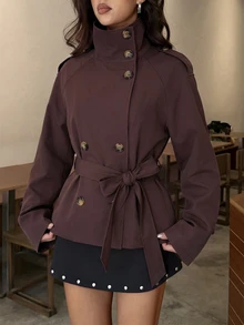 Aloruh 卡其色收腰短款女款風衣，適合秋冬穿搭 - 咖啡棕 - 查看 3