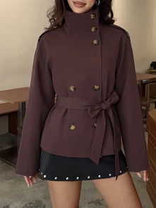 Aloruh 卡其色收腰短款女款風衣，適合秋冬穿搭 - 咖啡棕 - 查看 4