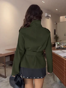 Aloruh 卡其色收腰短款女式風衣，適合秋冬穿搭 - 軍綠色 - 查看 2