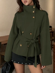 Aloruh 卡其色收腰短款女式風衣，適合秋冬穿搭 - 軍綠色 - 查看 7