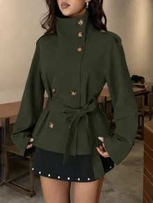 Aloruh 卡其色收腰短款女式風衣，適合秋冬穿搭 - 軍綠色 - 查看 10