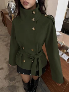Aloruh 卡其色收腰短款女式風衣，適合秋冬穿搭 - 軍綠色 - 查看 8