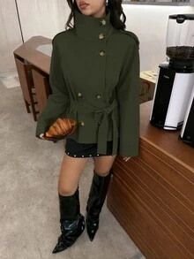 Aloruh 卡其色收腰短款女式風衣，適合秋冬穿搭 - 軍綠色 - 查看 9