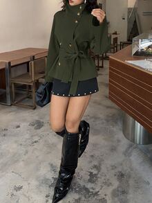 Aloruh 卡其色收腰短款女式風衣，適合秋冬穿搭 - 軍綠色 - 查看 6