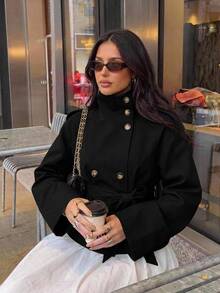 Aloruh Khaki Cinched Waist Short Trench Coat For Women, Suitable For Autumn/Winter - Black - View 7