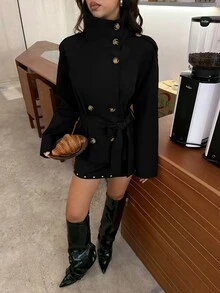 Aloruh Khaki Cinched Waist Short Trench Coat For Women, Suitable For Autumn/Winter - Black - View 6