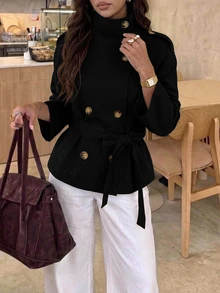 Aloruh Khaki Cinched Waist Short Trench Coat For Women, Suitable For Autumn/Winter - Black - View 1