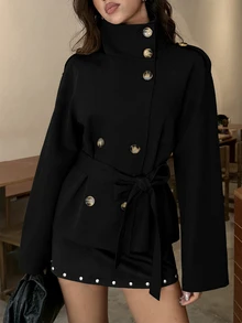 Aloruh Khaki Cinched Waist Short Trench Coat For Women, Suitable For Autumn/Winter - Black - View 10