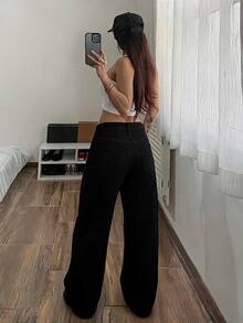Jeanoix Y2K Women's Outdoor Street Style Low Waist All Season Grommet Decor Thin Rope Belt Black Jeans - Black - View 2