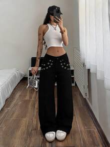 Jeanoix Y2K Women's Outdoor Street Style Low Waist All Season Grommet Decor Thin Rope Belt Black Jeans - Black - View 6