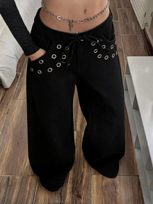 Jeanoix Y2K Women's Outdoor Street Style Low Waist All Season Grommet Decor Thin Rope Belt Black Jeans - Black - View 5