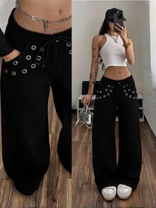Jeanoix Y2K Women's Outdoor Street Style Low Waist All Season Grommet Decor Thin Rope Belt Black Jeans - Black - View 1