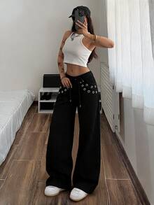Jeanoix Y2K Women's Outdoor Street Style Low Waist All Season Grommet Decor Thin Rope Belt Black Jeans - Black - View 3