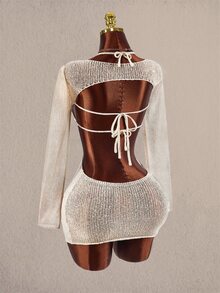 Amplova 2pcs Women's Knit Triangle Cup Backless Cutout Fitted Long Sleeve Tie Bow Set - Apricot - View 6