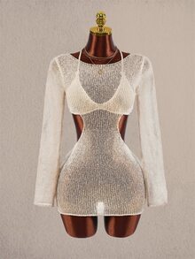 Amplova 2pcs Women's Knit Triangle Cup Backless Cutout Fitted Long Sleeve Tie Bow Set - Apricot - View 12