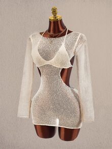 Amplova 2pcs Women's Knit Triangle Cup Backless Cutout Fitted Long Sleeve Tie Bow Set - Apricot - View 5