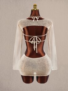 Amplova 2pcs Women's Knit Triangle Cup Backless Cutout Fitted Long Sleeve Tie Bow Set - Apricot - View 8