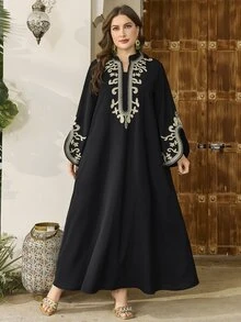 Al Najma 大码穆斯林女装时尚刺绣喇叭袖 A 字连衣裙，优雅土耳其沙特阿拉伯风格，朴素的长袍 - 黑色 - 查看 6