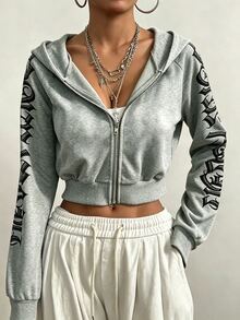 StreetHx 女款秋冬街頭風哥德字體短版開襟運動衫 - 灰色 - 查看 5