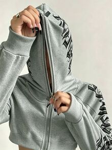 StreetHx 女款秋冬街頭風哥德字體短版開襟運動衫 - 灰色 - 查看 3