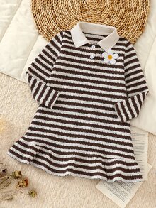 SHEIN 女童條紋領口花朵裝飾長袖洋裝 - 彩色 - 查看 5