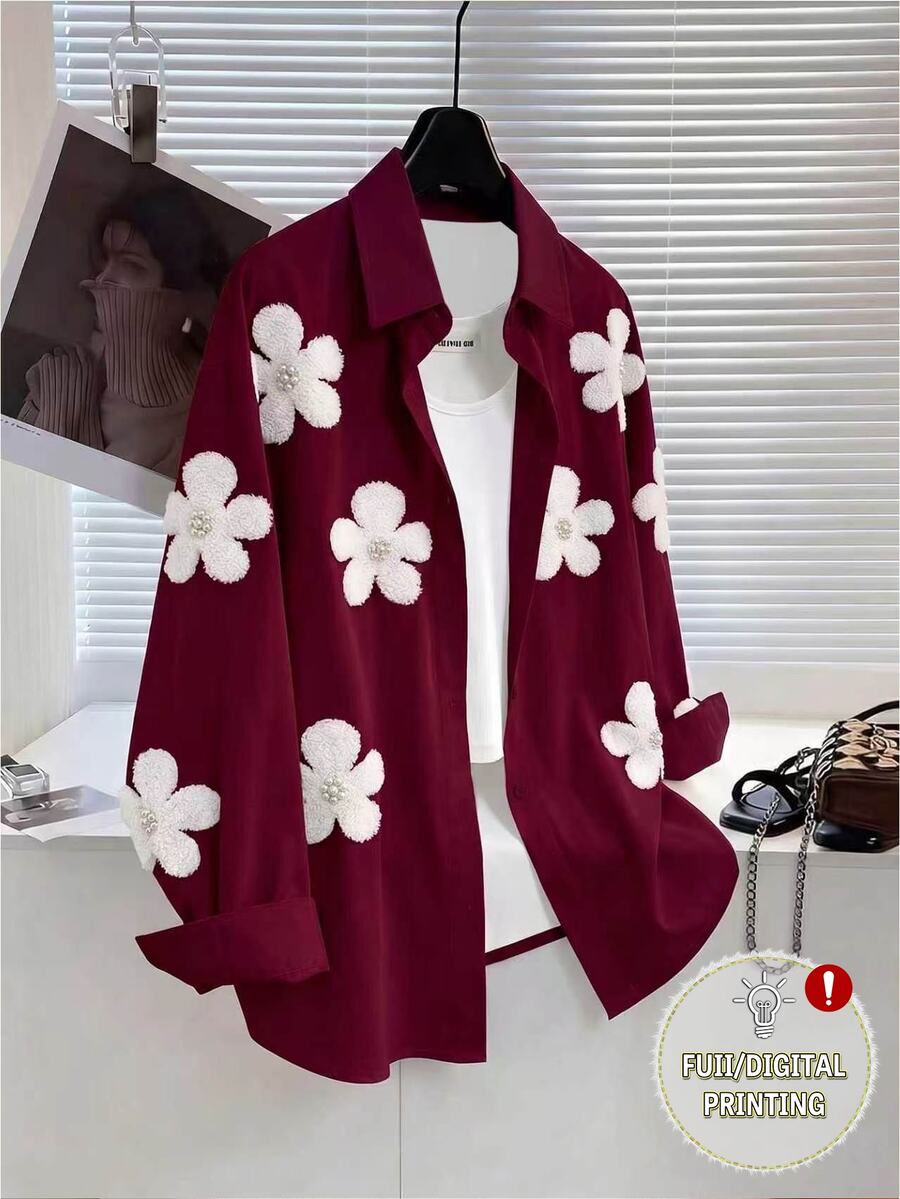 Resyla [Printed Design] 3D Faux Pearl Flower Printed Women Blouse - Multicolor - View 1