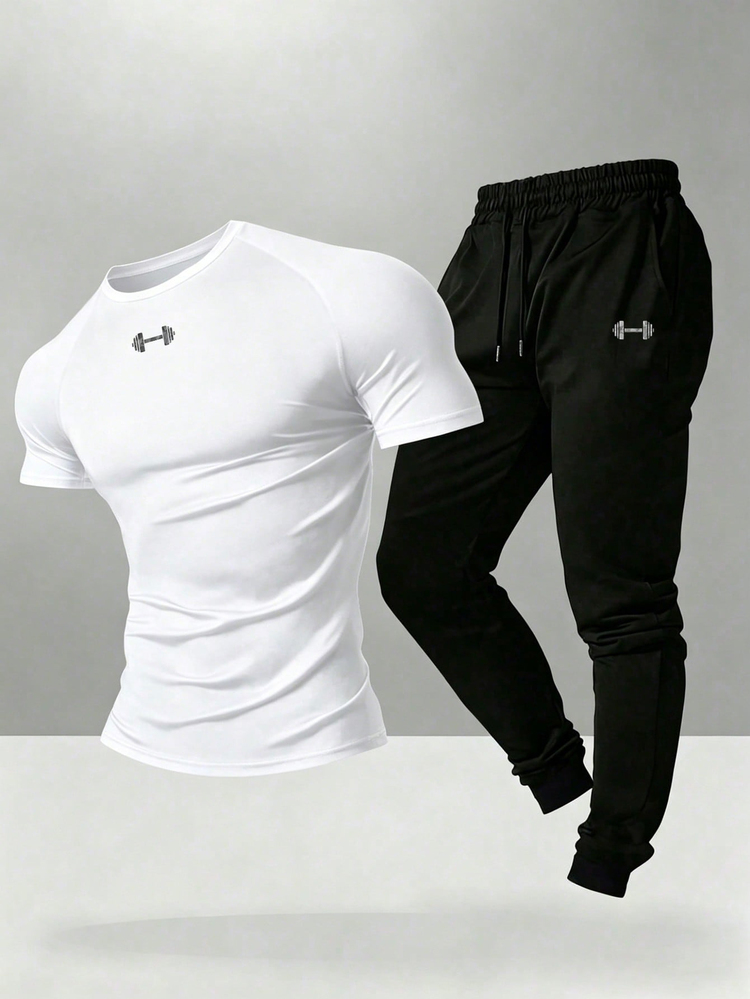 Gym Rark Men's Slim Fit Short Sleeve Top And Long Pants Sports Set, Gym - White - View 6