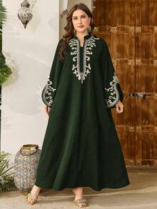 Al Najma Plus Size Muslim Women Fashionable Embroidery Decorated Flare Sleeve A-Line Dress, Modest Kaftan - Army Green - View 6