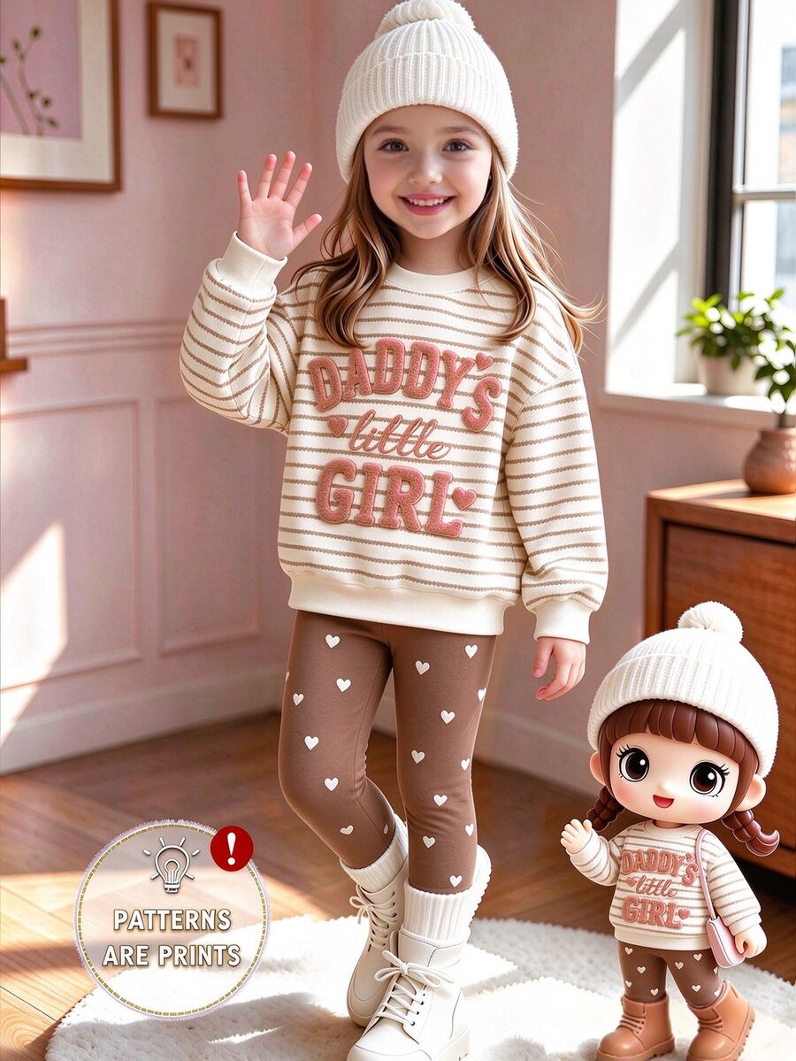 Little Girls 2pcs Set Striped Letter Print Crew Neck Sweatshirt & Heart Print Leggings, Sweet Autumn Casual Home & Outdoor Outfit - Multicolor - View 1