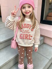 Little Girls 2pcs Set Striped Letter Print Crew Neck Sweatshirt & Heart Print Leggings, Sweet Autumn Casual Home & Outdoor Outfit - Multicolor - View 3
