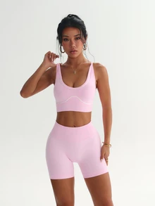 SHEIN Dewbera Women's Seamless Yoga Sports Set Colorblock Sports Bra And Tight Shorts - Pink - View 6
