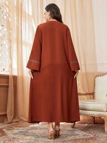 Al Najma Vestido árabe muçulmano plus size com bolso de lantejoulas e fita metálica, manga longa, modesto, elegante, maxi jalabiya, para uso casual diário, kaftan - Marrom - Visão 2