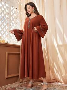 Al Najma Vestido árabe muçulmano plus size com bolso de lantejoulas e fita metálica, manga longa, modesto, elegante, maxi jalabiya, para uso casual diário, kaftan - Marrom - Visão 7
