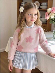 SHEIN Long-Sleeved Sweater With Flower Patterns Is Soft And Comfortable. Girls Clothes Baby Pink Autumn Pullover - Pink - View 7