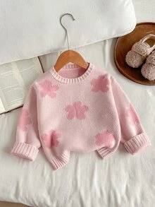 SHEIN Long-Sleeved Sweater With Flower Patterns Is Soft And Comfortable. Girls Clothes Baby Pink Autumn Pullover - Pink - View 6