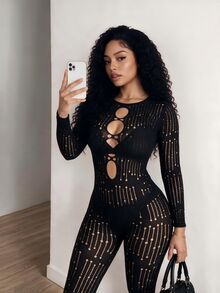 BamGleam Women's Hollow Out Sexy Daily Wear Jumpsuit - Black - View 4